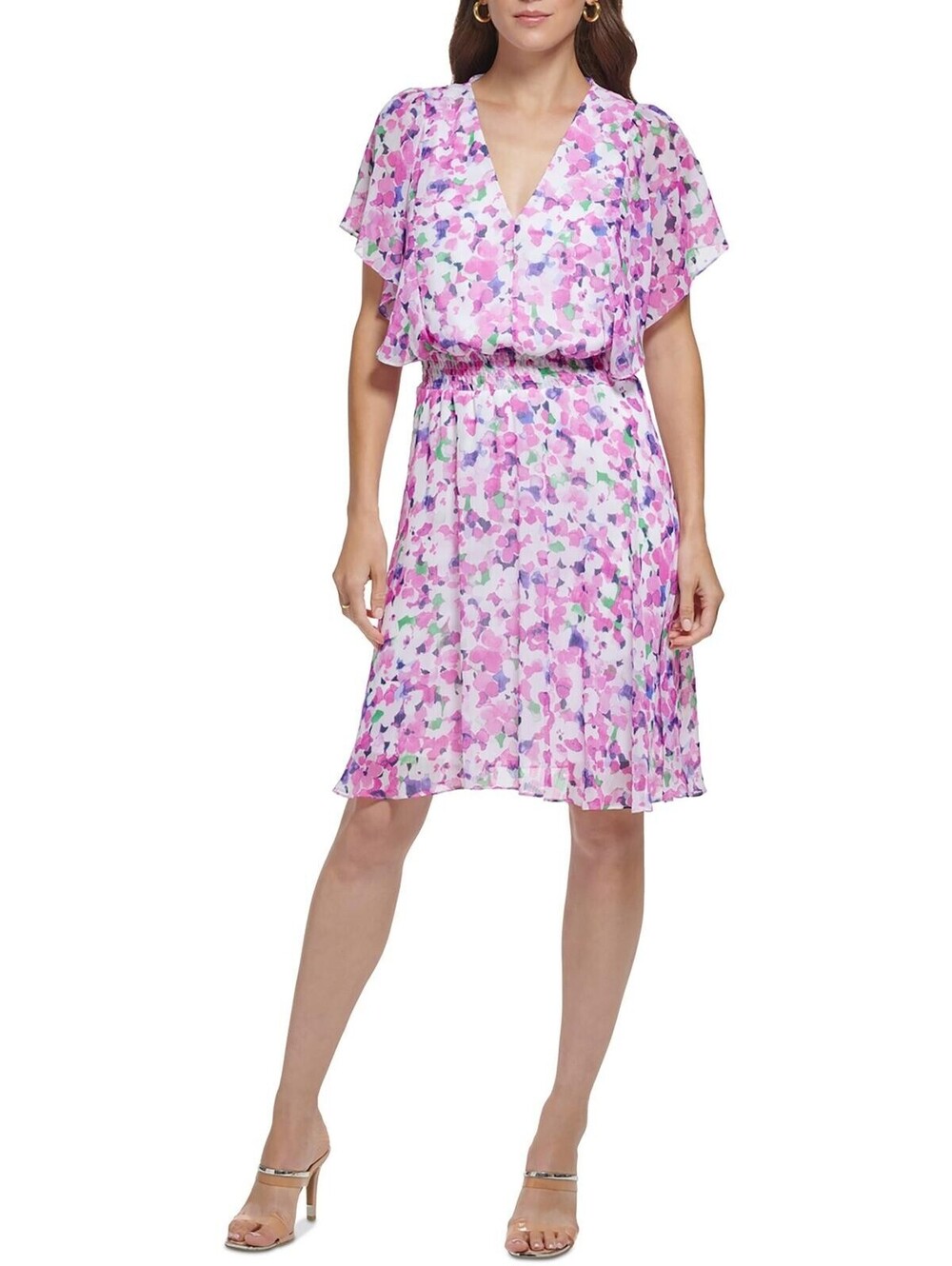 DKNY Women's V Neck Smocked Waist Flutter Sleeve Dress, Cream/Rasberry, 8